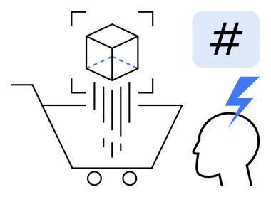 Sepet üzerindeki küp taraması, meta veri etiketi simgesi ve fikir sembolü teknolojiye dayalı yenilik, alışveriş, artırılmış gerçeklik ve analitik görselleştirmeyi akla getiriyor. Perakende, yenilik ve teknoloji için ideal