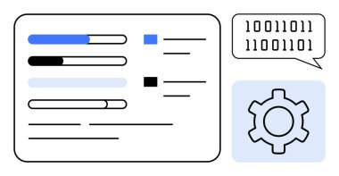 İlerleme çubukları, ikili kod metni ve dişli simgesi olan kullanıcı arayüzü düzeni. Teknoloji, kodlama, programlama, otomasyon, analitik, UIUX tasarımı ve basit bir iniş sayfası için ideal