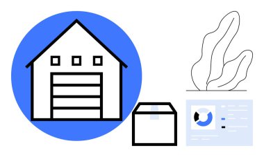 Depo sembolü, paket kutusu, soyut gösterge paneli ve dekoratif bitki. Lojistik, e-ticaret, envanter, dağıtım, tedarik zinciri veri analizleri için ideal basit iniş sayfası