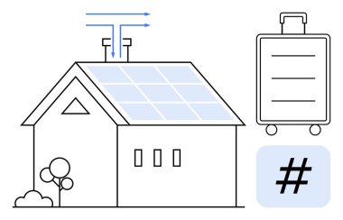 Güneş paneli, akış okları, taşınabilir batarya valizi ve meta veri etiketli sembol. Yenilenebilir enerji, yeşil yaşam, modern teknoloji, enerji depolama, yenilik, gelecekteki ev için ideal