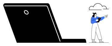 Küçük bir bulutun altında büyük bir dizüstü bilgisayarın yanında elinde bir pano olan bir kadın. Teknoloji, veri analizi, uzak çalışma, yaratıcılık, yenilik, öğrenme, basit iniş sayfası için ideal