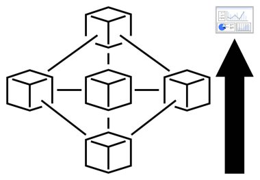 Birbirine bağlı bloklar ağ oluşturuyor, veri analizli bar tablosu, yukarı doğru ok. Engelleme zinciri, veri analizi, yenilik, büyüme, teknoloji, bağlantı için ideal basit iniş sayfası