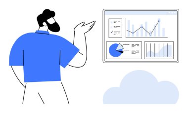 Grafikler, pasta grafiği ve analitik verileri gösteren dijital bir panele doğru hareket eden bir adam. Veri analizi, iş planlaması, performans değerlendirmesi, takım çalışması, iş akışı, sunum basit