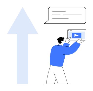 Yukarı ok ve sohbet baloncuğunun yanında video oynatma düğmesi tutan adam. Büyüme, iletişim, pazarlama, çevrimiçi eğitim, içerik stratejisi, sosyal medya ve basit iniş için ideal