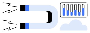 At nalı mıknatısı yıldırımlar, veri çubuğu grafiği ve bulut çekiciliği, analiz ve bulut bağlantısını sembolize eden bir enerji üretir. Teknoloji, pazarlama, veri, enerji bulutu için ideal