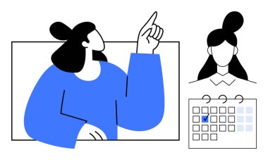 Yukarıya bakan kadın fikirleri vurguluyor, bir kadın figürü ile eşleştirilmiş, pano takvimi, işaretli tarih. Zamanlama, hedef belirleme, zaman yönetimi, takım çalışması, proje planlama liderliği için ideal