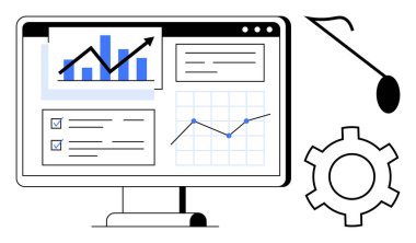 Monitör çizgi grafiği, bar şeması, kontrol listeleri ve dişli ve imleç ile birlikte gösterge paneli grafiklerini gösterir. Veri analizi, iş stratejisi, süreç optimizasyonu, büyüme ve üretkenlik teknolojisi için ideal