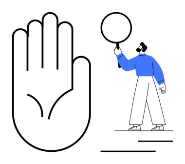 Mavi elbiseli birinin yanında büyüteçle el hareketi yapmak. Güvenlik, araştırma, analiz, gizlilik, koruma, odak, keşif, basit iniş sayfası için ideal