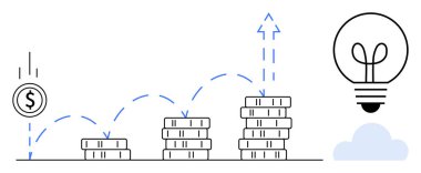 Yükselen madeni paraların üzerine düşen madeni para, yenilik ve yaratıcılığı sembolize eden bir ampulle birlikte finansal büyümeyi temsil ediyor. Finans, iş büyümesi, yatırım, zenginlik yönetimi için ideal