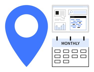 Mavi konum işareti, grafikli analitik panel, arama çubuğu ve aylık takvim düzeni. Planlama, zamanlama, veri, analitik, konum, zaman yönetimi ve basit iniş sayfası için ideal