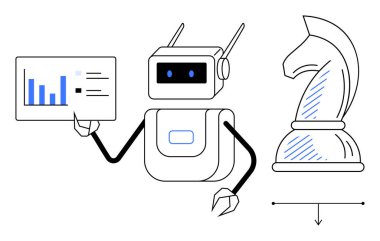 Robot, stratejik planlamayı sembolize eden bir satranç şövalyesinin yanında veri tablosu sunuyor. Teknoloji için ideal, yapay zeka, robotik, analitik, strateji, yenilik, gelecek kavramları