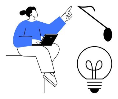 Dizüstü bilgisayarlı bir kadın müzikal nota ve ampulü gösteriyor. Yaratıcılığı, öğrenmeyi, problem çözmeyi ve fikirleri simgeliyor. Eğitim, ilham, beyin fırtınası, yenilik, teknoloji müziği için ideal