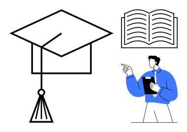 Mezuniyet şapkası başarıyı simgeler, bilgi için açık bir kitap ve rehberliği vurgulayan bir eğitimci. Eğitim, akademi, öğrenim, öğretim, kariyer büyümesi, danışmanlık için idealdir.