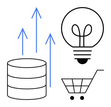 Veritabanı yığını, yükselen oklar, ampul ve alışveriş arabası büyüme, yenilik ve e-ticaret eğilimlerini ortaya koyuyor. Ticari büyüme, yenilik, e-ticaret, teknoloji veri stratejisi için ideal