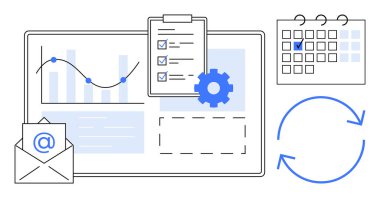 Grafikler, kontrol listesi, takvim, e-posta ve işlem oklarının yer aldığı dijital gösterge paneli. Üretkenlik, organizasyon, yönetim planlama iş akışı analizleri için ideal. Çok basit.