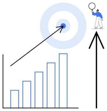 Artan eğilimli çubuk grafik, yukarı doğru ok hedef merkezi gösteriyor, büyük ok üzerinde bir balon tutan kişi. Ticari büyüme, başarı, hedef belirleme, başarı, analitik ve planlama için ideal
