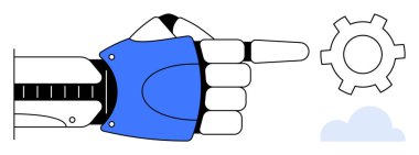 Robot el vites sembolünü işaret ediyor, otomasyon, yenilik ve bulut teknolojisini işaret ediyor. Yapay zeka, robot bilimi, teknolojik gelişim, bulut hizmetleri, dijital araçlar için ideal gelecekteki basit iniş kavramları