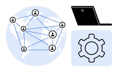 Dünya haritası, dizüstü bilgisayar ve dişli simgesi üzerinde bağlı profiller ağı. Takım çalışması, ağ oluşturma, işbirliği, yenilik, teknoloji, küreselleşme için ideal basit iniş sayfası