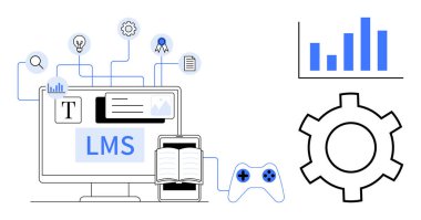 LMS platformu masaüstünde gösteriliyor, akıllı telefon teçhizatı, analitik grafik, ampul, madalya. Çevrimiçi dijital öğrenme, eğitim, e-öğrenme, gamifikasyon veri görselleştirmesi için ideal