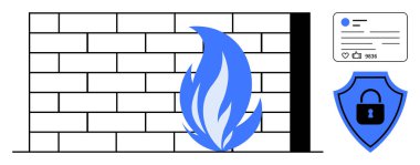 Tuğla duvar, mavi alev, sosyal medya paneli ve kilitli kalkan tarafından temsil edilen güvenlik duvarı. Ağ koruması, veri güvenliği, siber güvenlik, bilişim güvenliği, İnternet güvenliği, çevrimiçi mahremiyet için ideal
