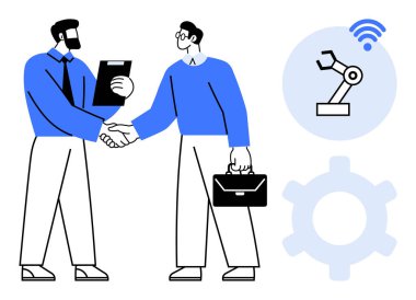 İki işadamı el sıkışırken, ellerinde pano ve evrak çantası, robot kol, dişli ve kablosuz bağlantı simgeleriyle. İşbirliği, teknoloji, yenilik ve takım çalışması için ideal