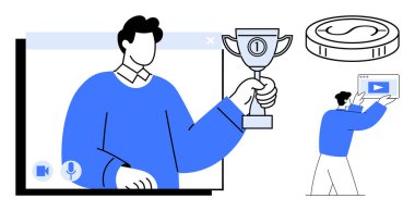 Video çağrısında kupa tutan adam, dijital para ve tabletli kullanıcı. Başarı, gamifikasyon, çevrimiçi olaylar, öğrenme, motivasyon, dijital platformlar için ideal, basit iniş sayfası