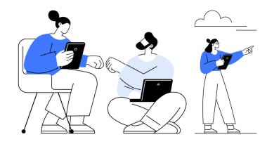 Tablet ve dizüstü bilgisayar kullanan bireylerin oturduğu ve ayakta durduğu grup tartışması. Takım çalışması, işbirliği, beyin fırtınası, teknoloji, uzaktan çalışma, planlama, basit iniş sayfası için ideal