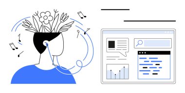 Müzik dinleyen, notalarla çevrili, veriye odaklı online arayüzün yanında parlak fikirlere sahip bir kafa. Yaratıcılık, yenilik, büyüme, öğrenme, üretkenlik, farkındalık için ideal basitlik