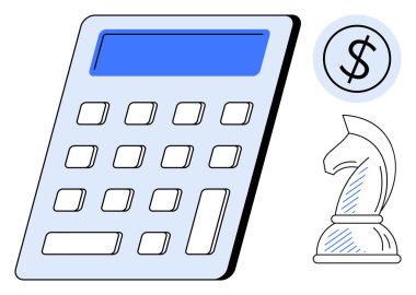 Hesap makinesi, satranç şövalyesi ve dolar işareti finansal planlama, strateji, hesaplama, analiz, bütçe belirleme ve iş büyümesini temsil ediyor. Yatırım için ideal. Düz basit metafor