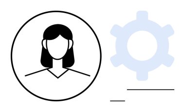 Dairesel sınır içinde kadın kullanıcı profili ve konfigürasyon ve kişiselleştirme için vites sembolü. Kişisel hesap, profil ayarları, ayarlar, kullanıcı arayüzü, uygulama tasarımı, çevrimiçi kimlik için ideal