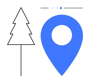 Başlık elementli minimalist ağacın yanındaki mavi lokasyon iğnesi. Navigasyon, çevre, sürdürülebilirlik, seyahat haritası, çevre dostu kavramlar, teknoloji, basit iniş sayfası için ideal
