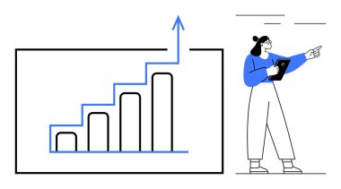 Analist, bir tablet tutarken büyüme çubuğu tablosuna işaret ediyor. Ticari başarı, hedef belirleme, analitik, strateji, finansal planlama, yenilik, basit iniş sayfası için ideal