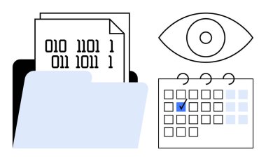 İkili kod kağıtları, işaretli takvim ve gözlem veya zamanlama için göz sembolü içeren dosya dizinini aç. Veri yönetimi, planlama, izleme, analiz, denetim ve teknoloji için ideal