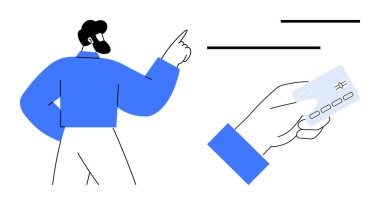 Başka bir el kredi kartını tutarken bir adam yukarı doğru hareket eder. İdeal iş, ödeme, finans hizmetleri, müşteri etkileşimi, e-ticaret, alışveriş veya daire ile kredi kartı kullanımı metaforları