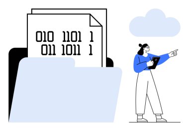 İkili kodlu dosyalar içeren bir klasör, elinde bulut gösteren tablet tutan bir kadın. Veri yönetimi, programlama, teknoloji, dijital depolama, bulut hesaplama, takım çalışması, basit iniş sayfası için ideal