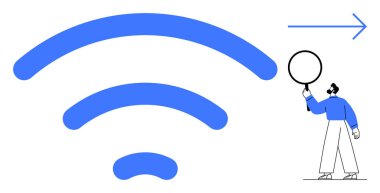 Elinde büyüteç tutan ve detayları inceleyen bir figürün yanında ileriyi gösteren bir ok bulunan büyük mavi kablosuz bir sinyal. Teknoloji, internet, bağlantı, analiz, ilerleme için ideal