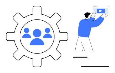 Takım çalışmasını sembolize eden kullanıcı simgelerine sahip dişliler, video ekranı gösteren bireyler. İşbirliği, proje yönetimi, takım büyümesi, dijital öğrenme, içerik oluşturma, eğitim, basit iniş için ideal