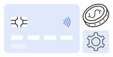 Fişi ve kablosuz sinyali olan kredi kartı dolar işareti olan bozuk para ve ayarlar. Ödeme sistemleri, çevrimiçi işlemler, finans, fintech, dijital ekonomi, bankacılık sade iniş sayfası için ideal