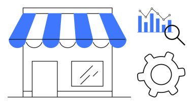 Mavi çizgili güneşlik, büyüme grafiği, büyüteç ve vites simgesi olan bir mağaza önü. İş, pazarlama, analitik, strateji girişimciliği ve büyüme için idealdir. Düz basit metafor