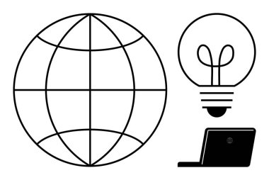 Küresel erişimi temsil eden küre, fikirler için ampul ve teknoloji için dizüstü bilgisayar. Yenilik, internet, eğitim, iletişim, yaratıcılık, küresel ticaret ve teknoloji için idealdir. Düz basit