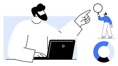 Yönetici dizüstü bilgisayarla çalışıyor. İlerlemeye işaret ediyor. Bir daire ve pasta grafiği tutan bir kişi. Takım çalışması, liderlik, karar verme, veri analizi, yenilik, strateji için ideal basit