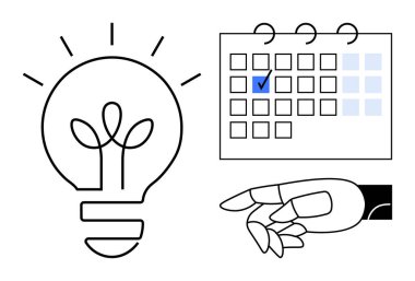 Robotik el, ampulle takvim tarihini vurguluyor. Yenilik, programlama ve planlama öneriyor. Otomasyon, fikirler, üretkenlik, yapay zeka, teknoloji yaratıcılığı zaman yönetimi için idealdir. Düz