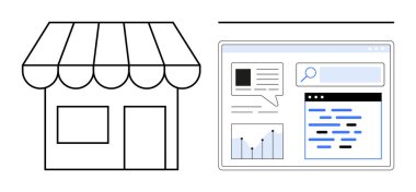 Veri panelinin yanında içinde grafikler, metin baloncukları ve arama çubuğu olan küçük bir depo simgesi. Pazarlama, dijital dönüşüm, veri analizi, iş görüşleri, çevrimiçi araçlar, girişimcilik için ideal