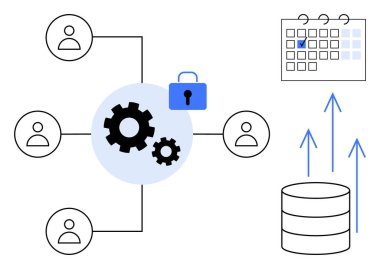 Ekip simgeleri kilit, veri tabanı, takvim ve büyüme oklarıyla donatılmış durumda. İşbirliği, veri güvenliği, proje yönetimi, ağ oluşturma, takım planlaması için ideal düz metafor