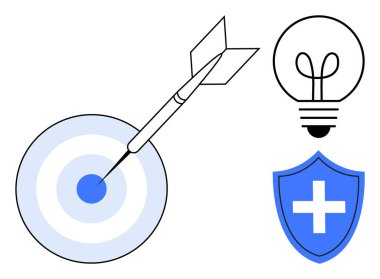 Dart hedef merkezini vuruyor, parlayan ampul ve çapraz sembollü kalkan. Hedefler, yaratıcılık, sağlık, koruma, yenilik odaklı başarı için ideal. Düz basit metafor