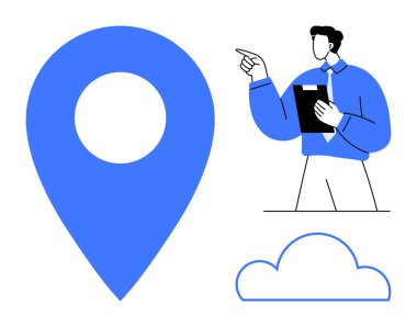 Büyük mavi yer işareti, elinde pano tutan ve işaret eden adam, minimalist bulut. Navigasyon, karar verme, planlama, bulut teknolojisi, iş stratejileri, takım çalışması için ideal basit