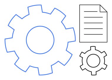 Mekanikleri, ayarları, iş akışını ve belgeleri gösteren bir belge ana hatının yanında mavi dişli simgeleri. Teknoloji için ideal, süreç optimizasyonu, iş stratejisi, teknik rehberler, otomasyon