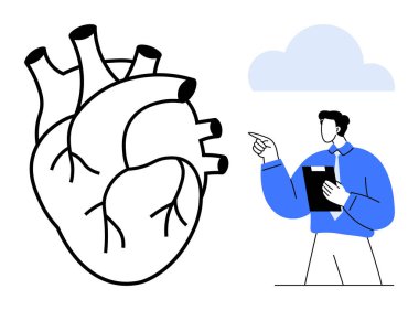 Pano tutan ve işaret eden bir profesyonelin yanında büyük bir anatomik kalp diyagramı. Sağlık, eğitim, anatomi, kardiyoloji, araştırma, tıp eğitimi, sağlık konuları için ideal