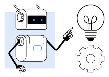 Dost canlısı robot bir ampul ve teçhizatı işaret ederek yaratıcılığı, fikirleri, teknolojiyi ve verimliliği temsil ediyor. Yenilik, otomasyon, teknoloji, yapay zeka, takım çalışması problem çözme kavramları için ideal