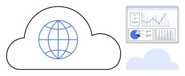 Grafikler ve grafikler içeren veri paneline bağlı dünya simgesine sahip bir bulut. Bulut hesaplama, veri yönetimi, analitik, küreselleşme, teknoloji, bilişim çözümleri, basit iniş sayfası için ideal